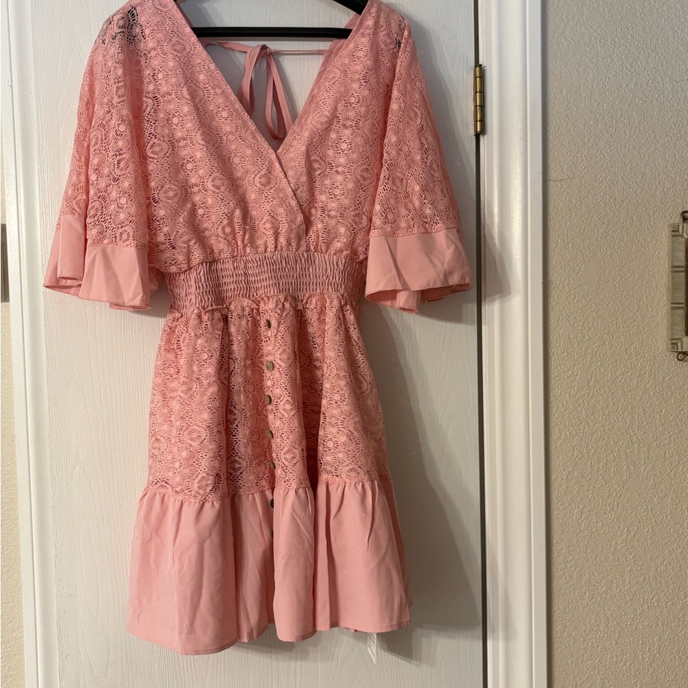 Pink Lace Dress with Flared Sleeves-New